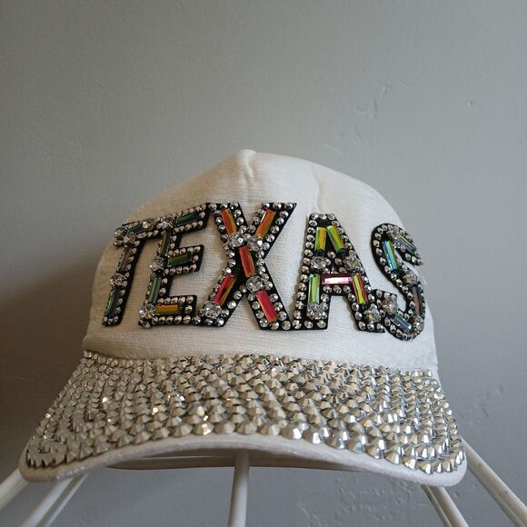 Texas Rhinestone Snapback Hat White With Silver Rhinestones Texas Lettering - Picture 1 of 9